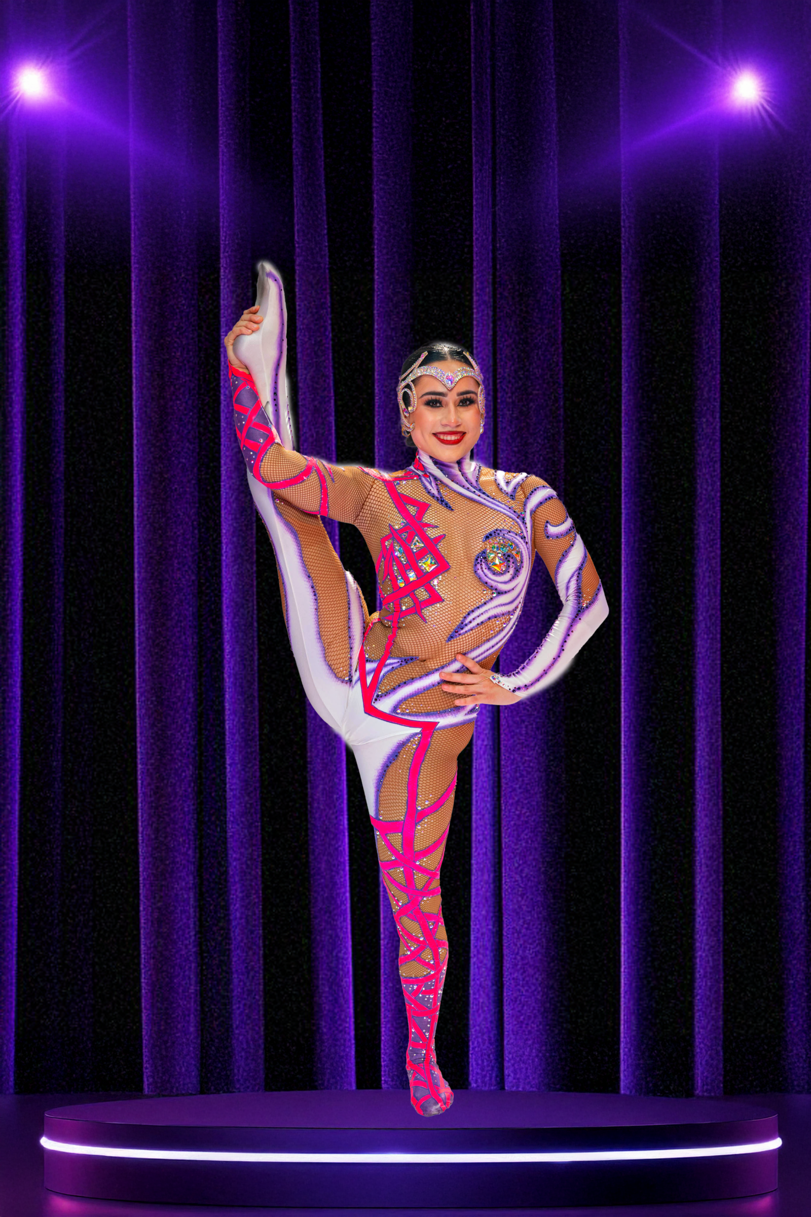 Melody performing leg balance with hoops